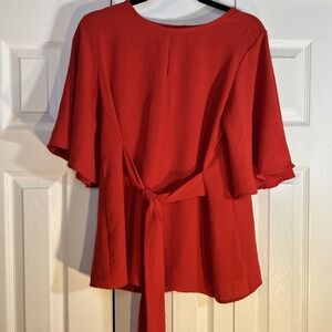 Ces Femme Tie Front Red Blouse Bell Sleeves Scoop Neck‎ Women's Size Small